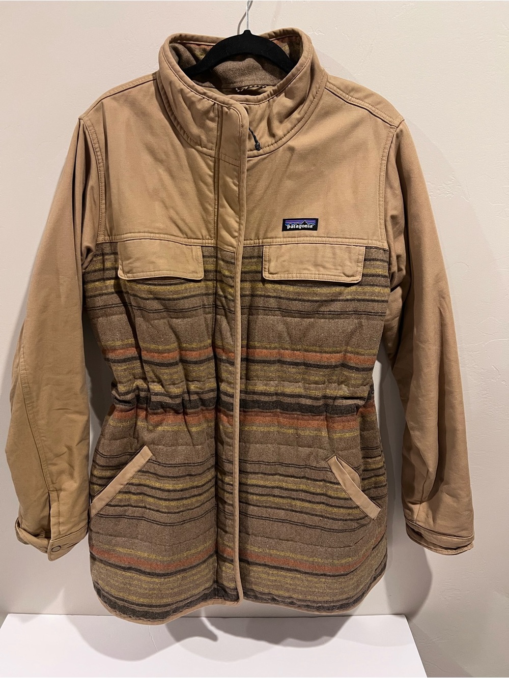 Patagonia Tan Jacket with Multicolor Horizontal Stripes